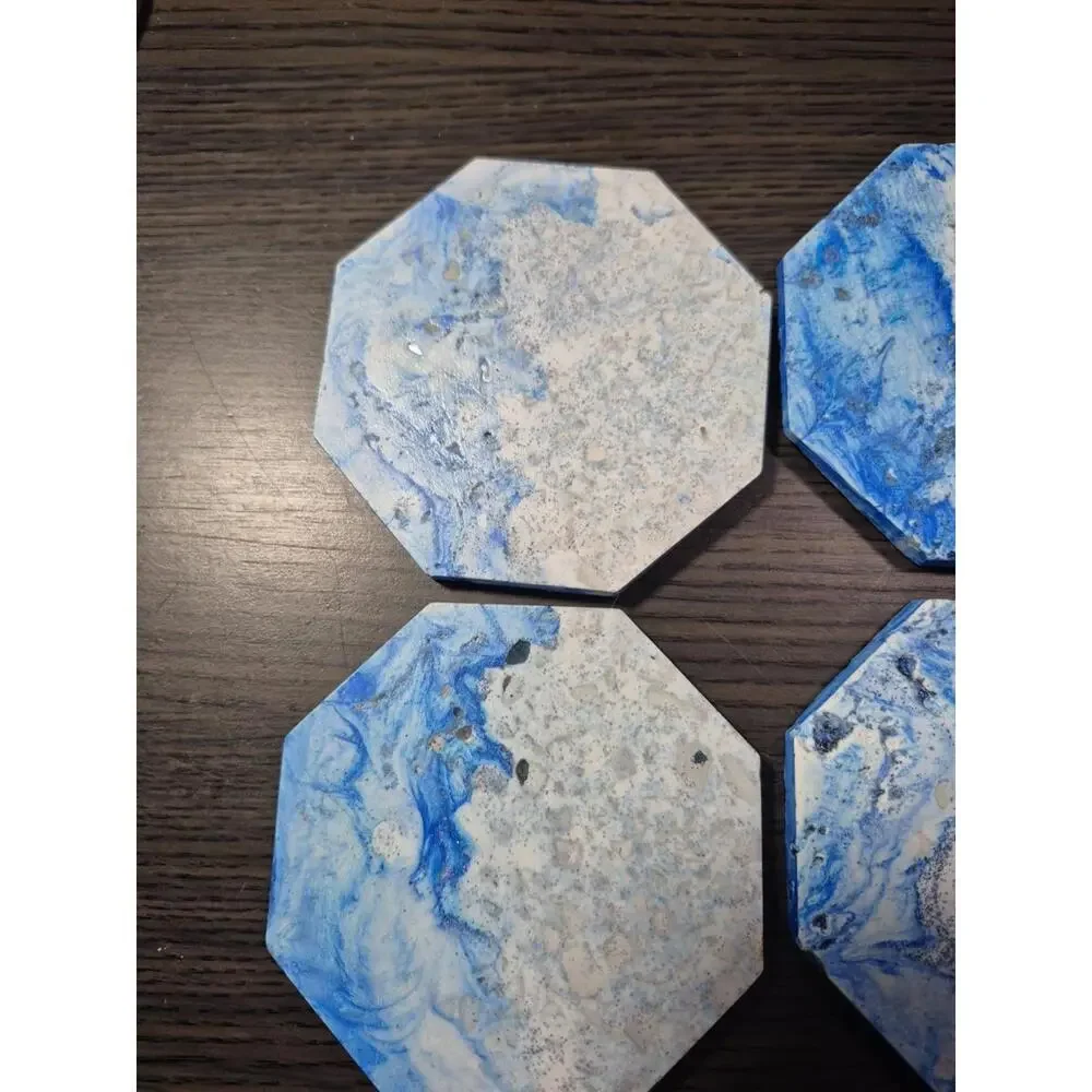 4 White/Blue/Gray Marbled Eco Resin Stone Look Hexagon Coasters 3 5/8” Handmade